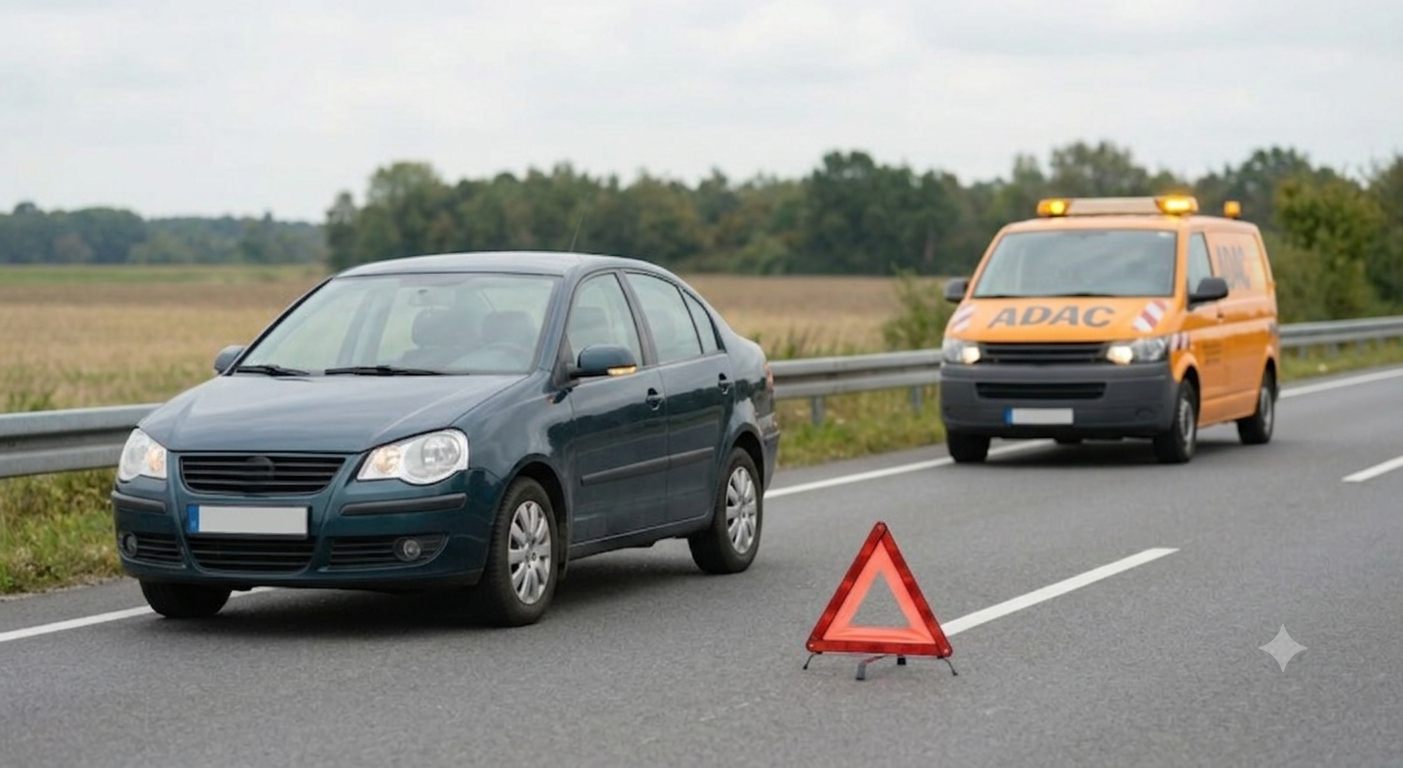 Liegengebliebenes Auto mit Warndreieck am Straßenrand