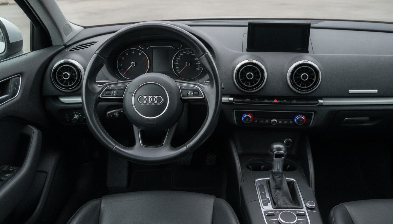 Innenraum des Audi A3 8V mit Vier-Ringe-Lenkrad und ausgefahrenem MMI-Display