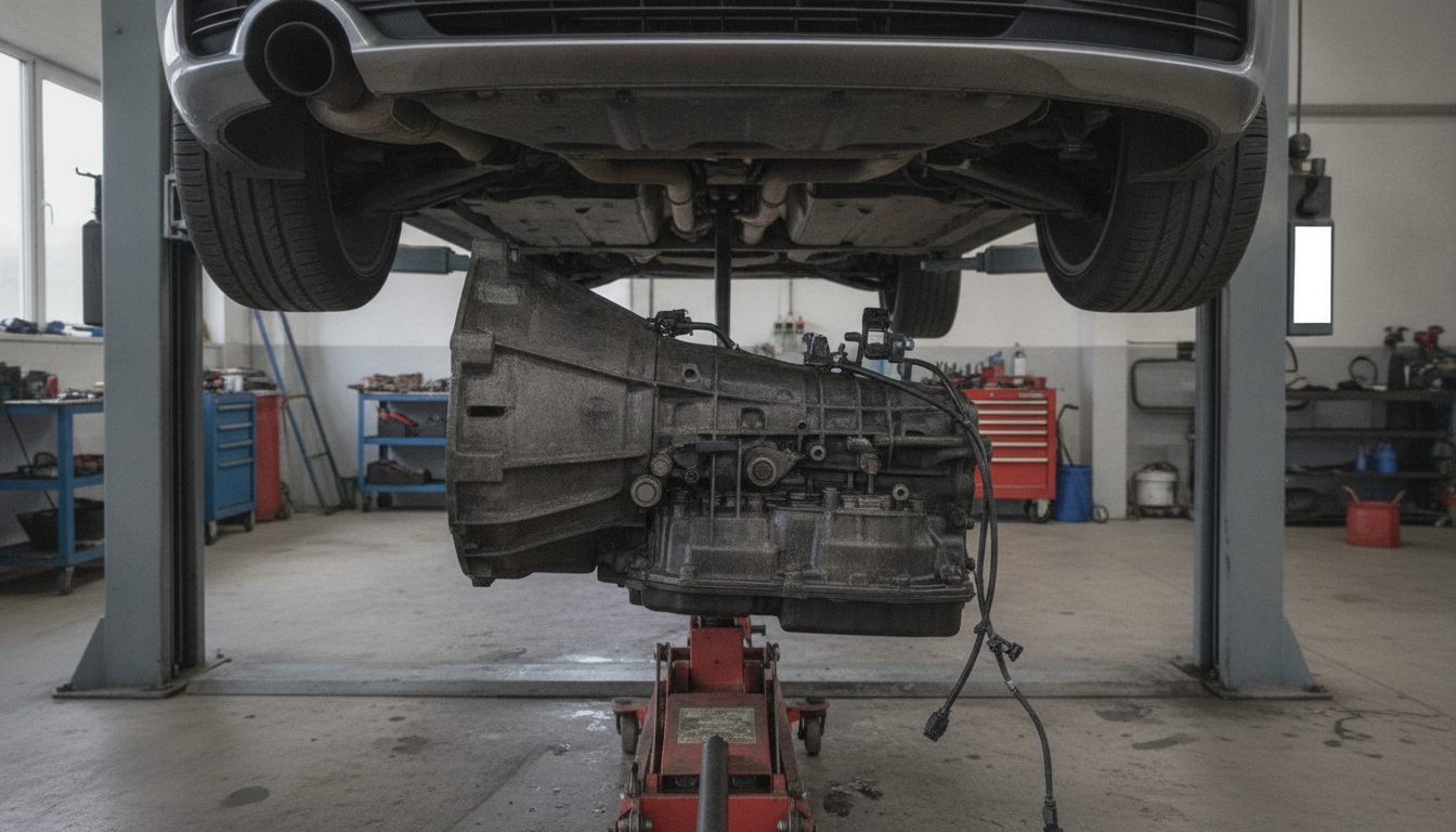 Ausgebautes Automatikgetriebe auf einem Getriebeheber unter einem Audi