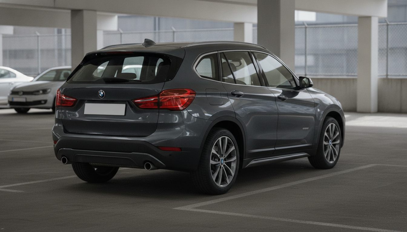 BMW X1 (F48) in der Stadt geparkt, Heckansicht schräg