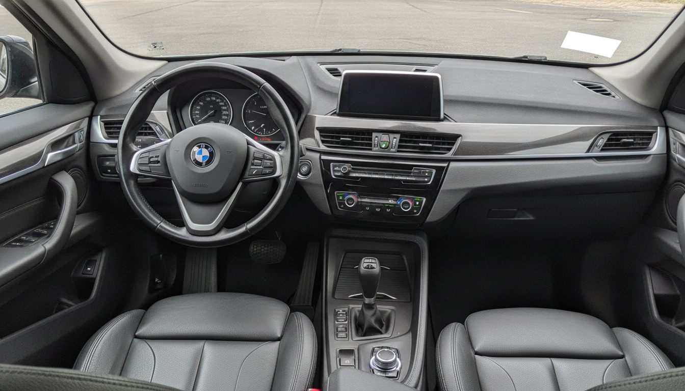 Innenraum des BMW X1 (F48) mit BMW-Lenkrad und iDrive-Bildschirm