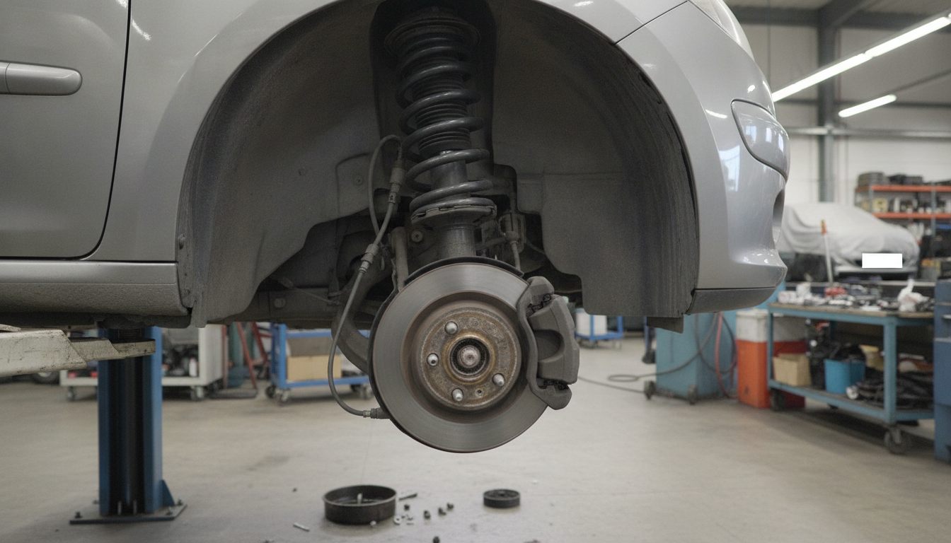 Federbein und Bremse eines Kleinwagens in korrekter Einbaulage auf der Hebebühne