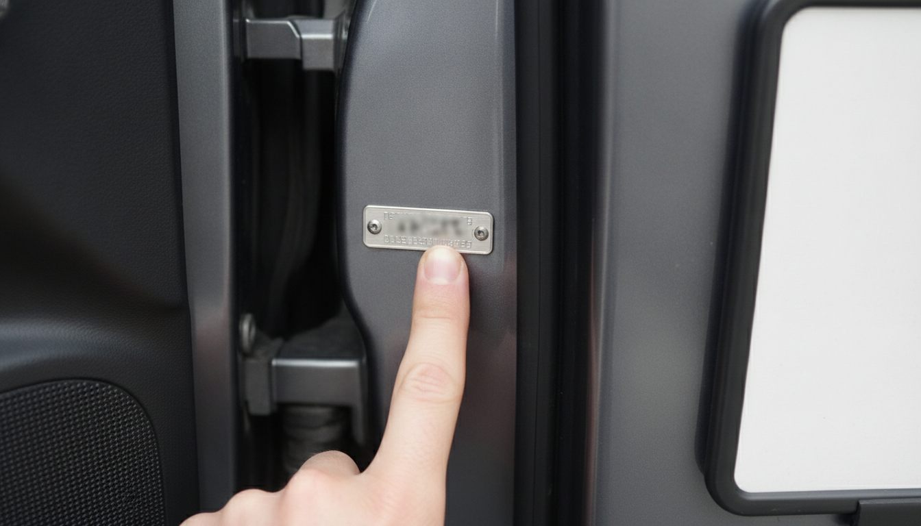 Finger zeigt auf die Typplakette mit der Fahrgestellnummer im Türholm