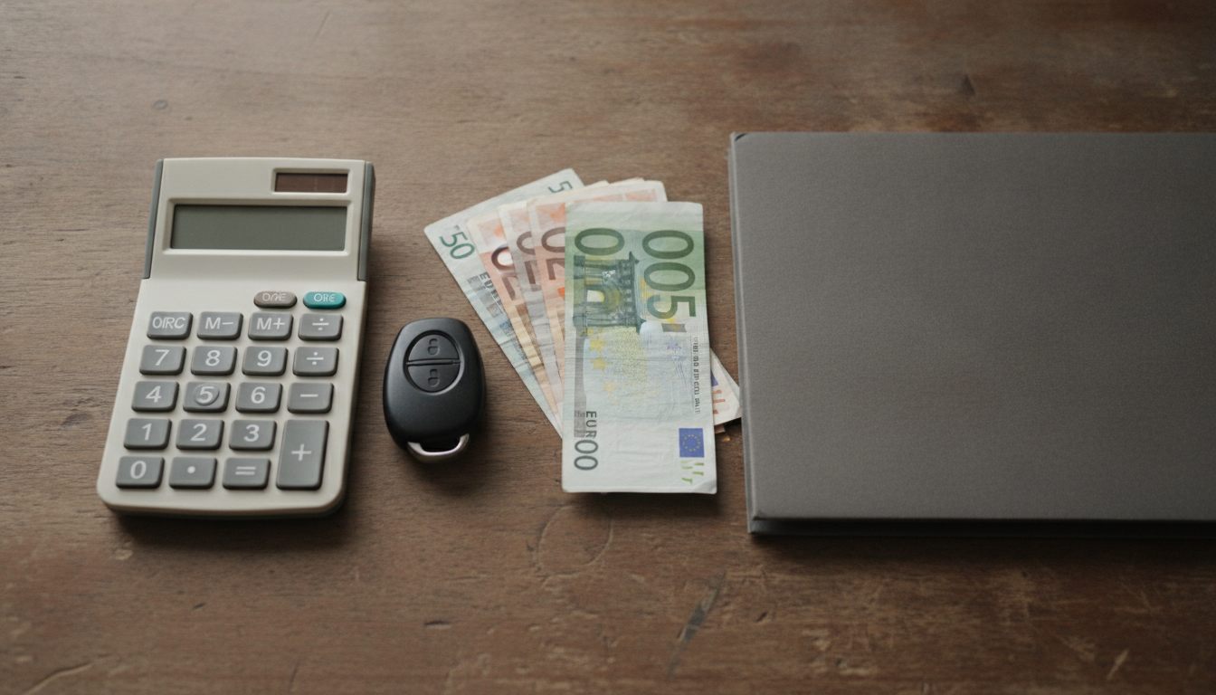 Taschenrechner, Autoschlüssel und Euroscheine auf einem Schreibtisch