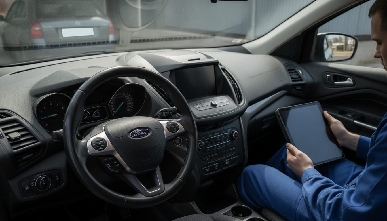 Cockpit des Ford Kuga mit Ford-Lenkrad und Diagnose-Tablet
