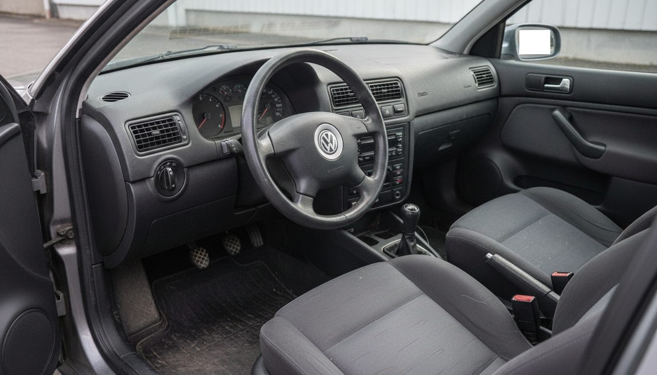 Innenraum des VW Golf 4 mit Original-Lenkrad, Blick durch die Fahrertür