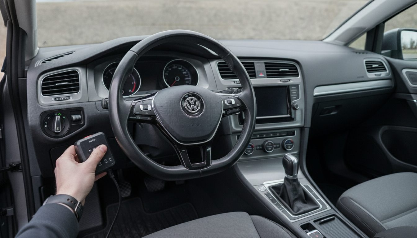 Cockpit des VW Golf 7 mit VW-Lenkrad und Diagnosegerät
