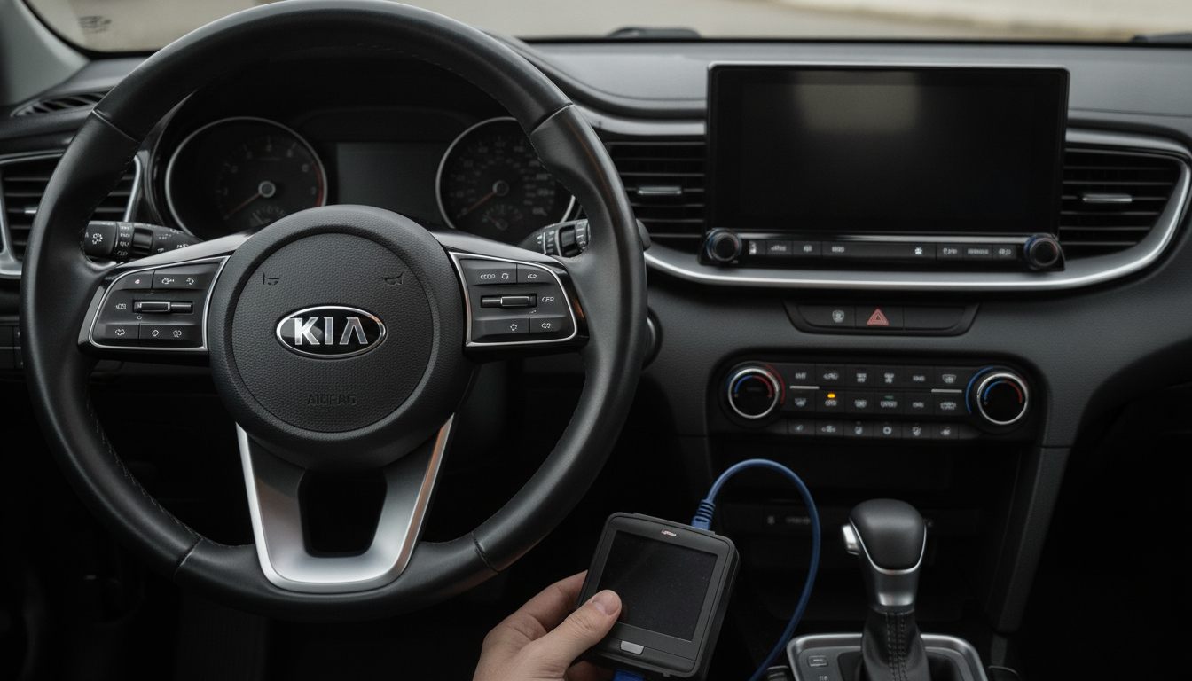 Cockpit des Kia Ceed mit Kia-Lenkrad und Diagnosegerät