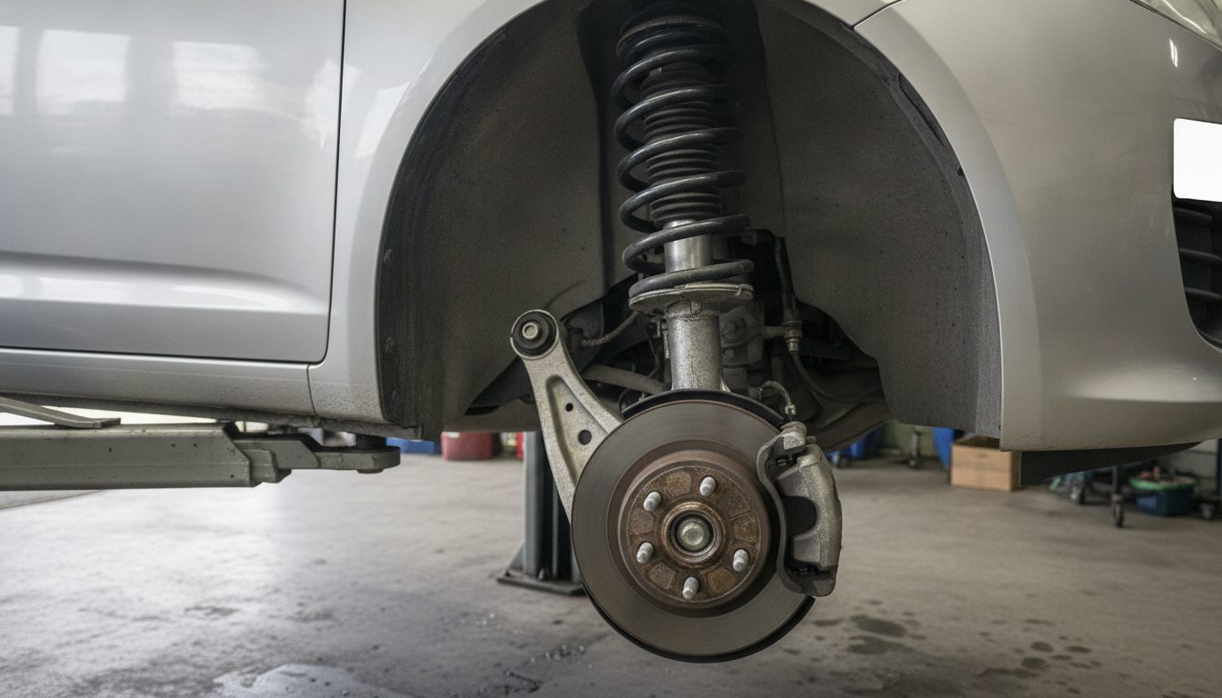 Vorderachse eines Kleinwagens auf der Hebebühne: Federbein, Bremsscheibe und Querlenker in Einbaulage