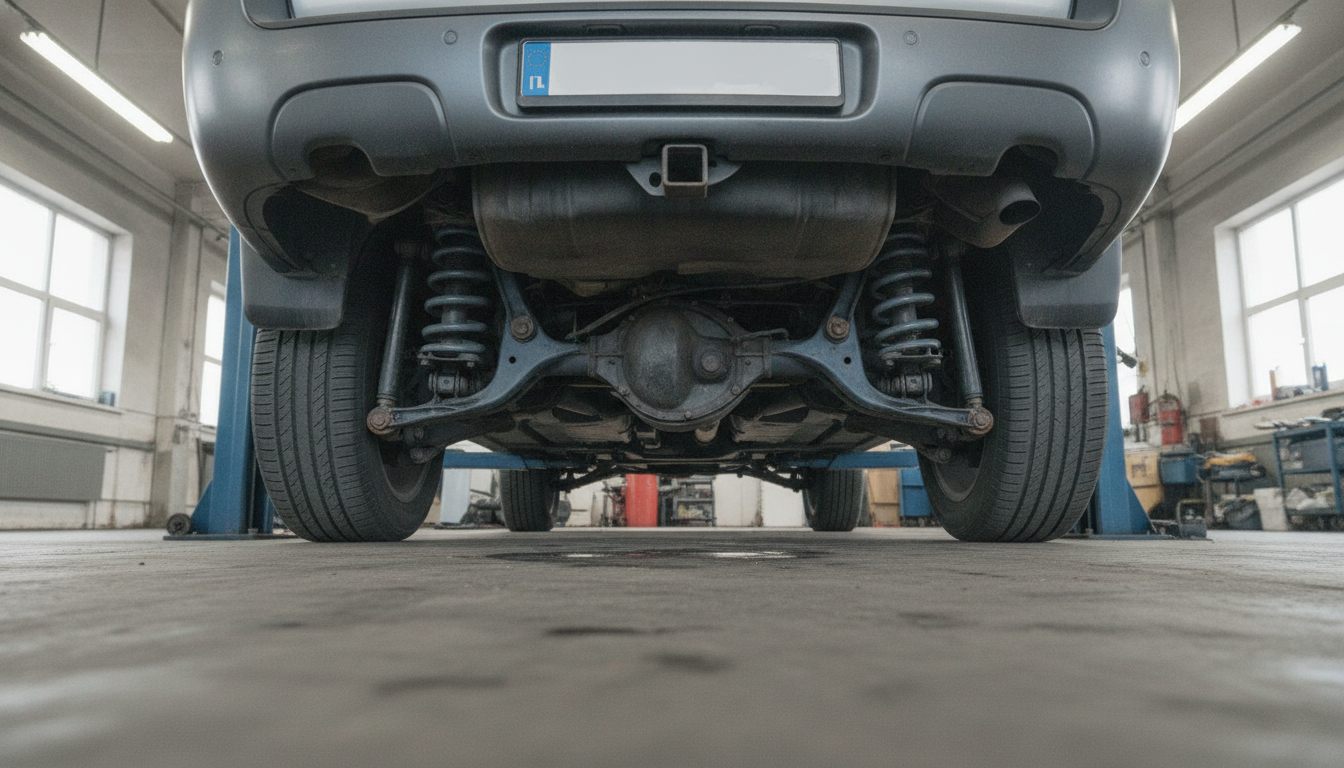 Hinterachse eines SUV auf der Hebebühne mit Feder und Dämpfer in Einbaulage