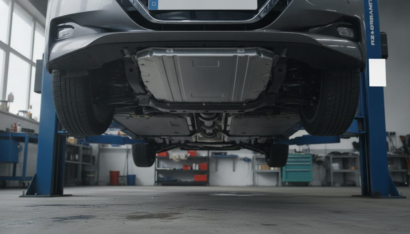 Flaches Batteriepaket im Unterboden eines Nissan Leaf auf der Hebebühne
