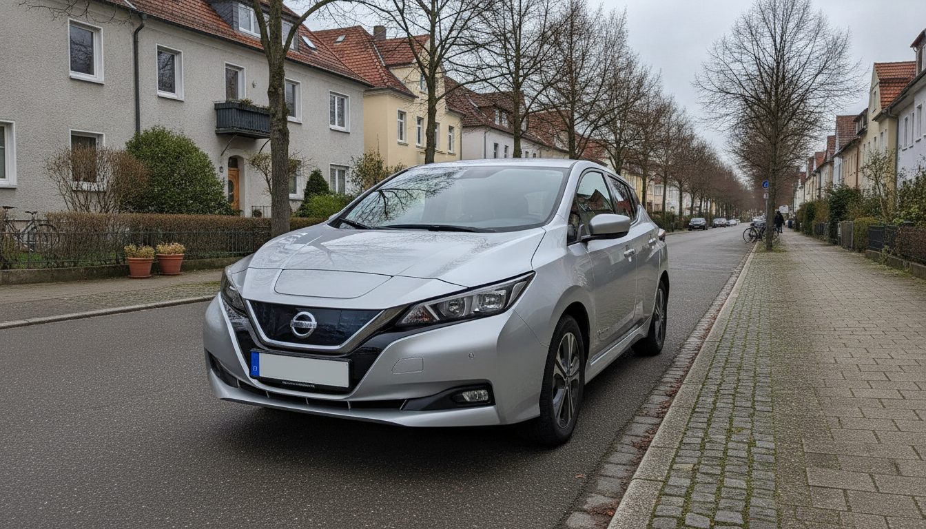 Nissan Leaf ZE1 in Silber, Dreiviertelansicht von vorn links