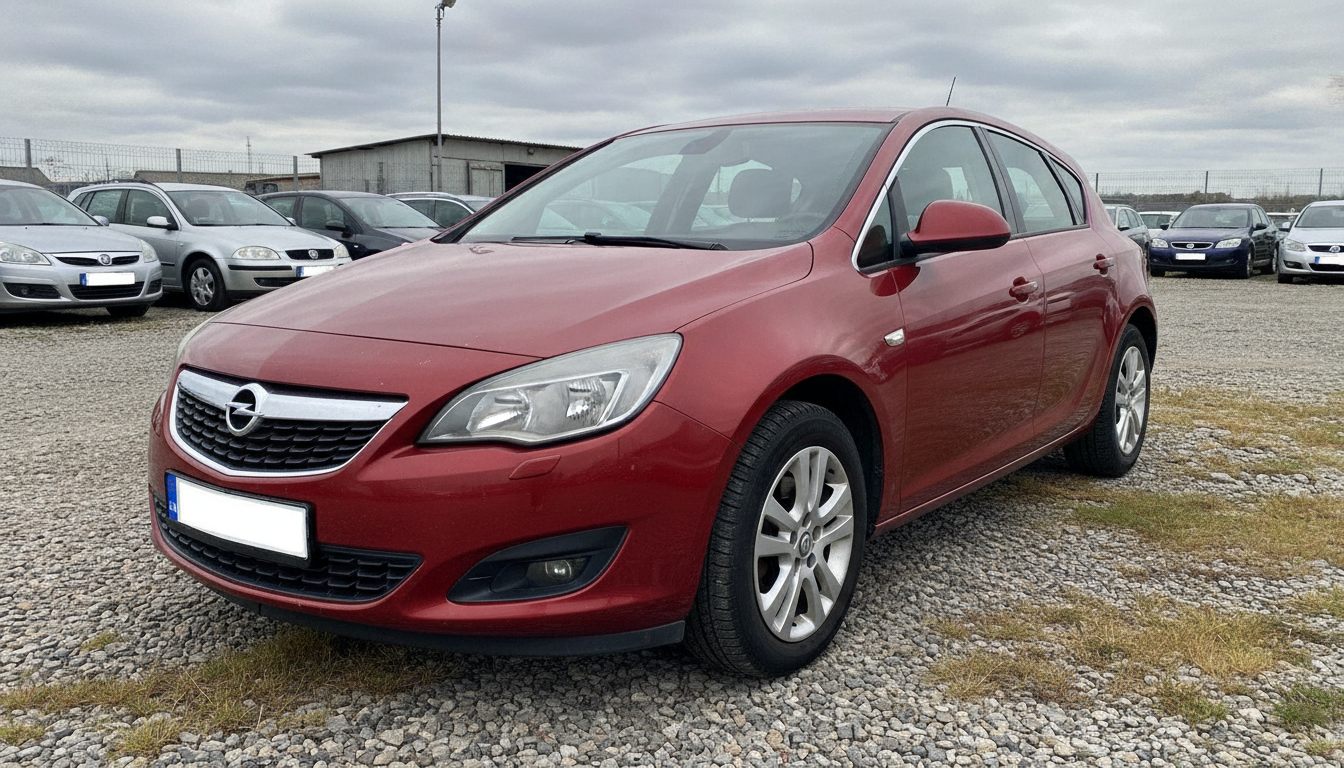 Opel Astra J in Rot auf einem Händlerparkplatz
