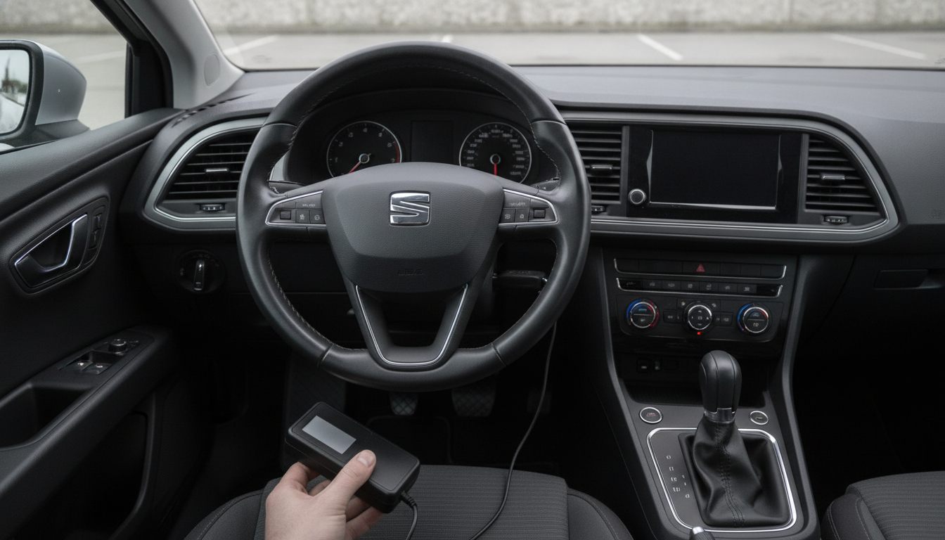 Cockpit des Seat Leon 5F mit Seat-Lenkrad und Diagnosegerät