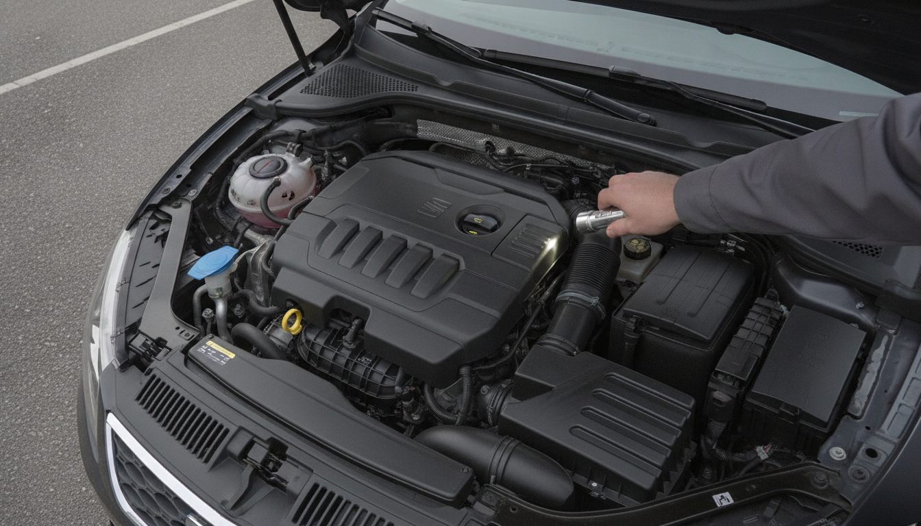 Motorraum des Seat Leon 5F bei der Besichtigung mit Taschenlampe