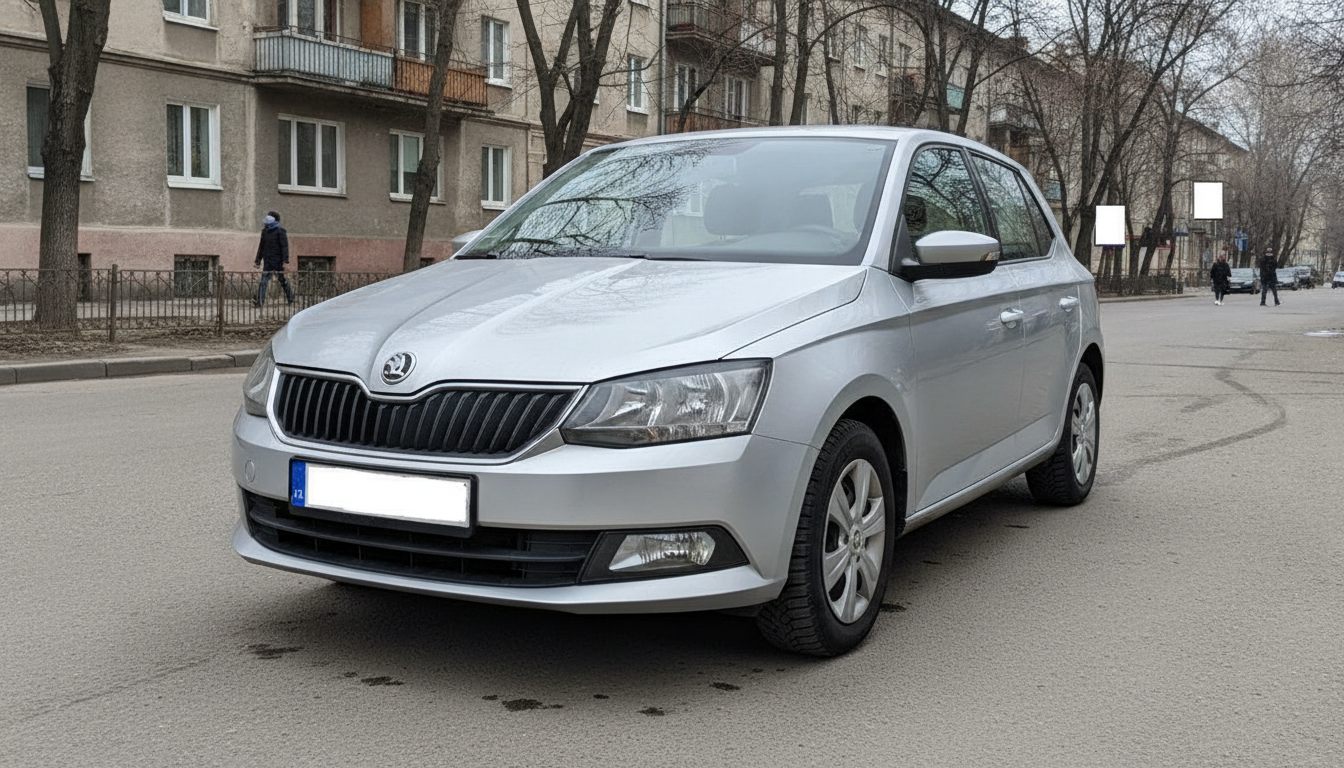 Skoda Fabia III in Silber im städtischen Umfeld