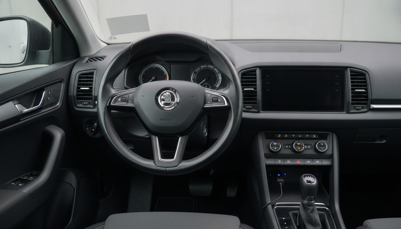 Cockpit des Skoda Karoq mit Skoda-Lenkrad und Diagnosegerät