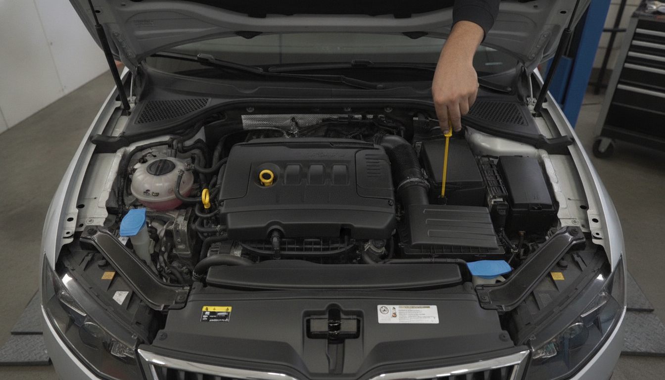 Motorraum eines Skoda Octavia III bei der Prüfung, Blick von oben