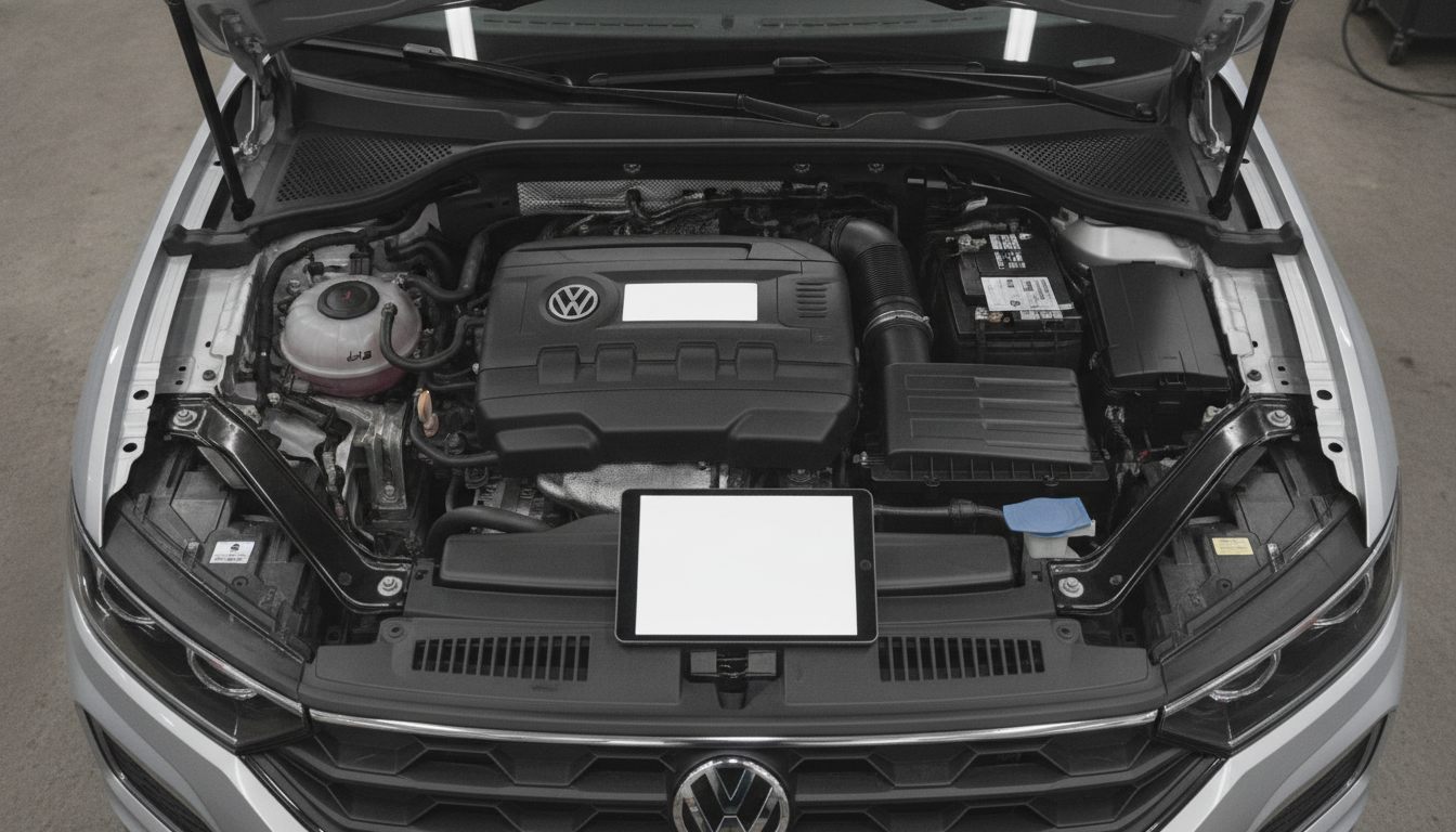 Motorraum eines VW T-Roc mit 1.5 TSI bei der Gebrauchtwagenprüfung