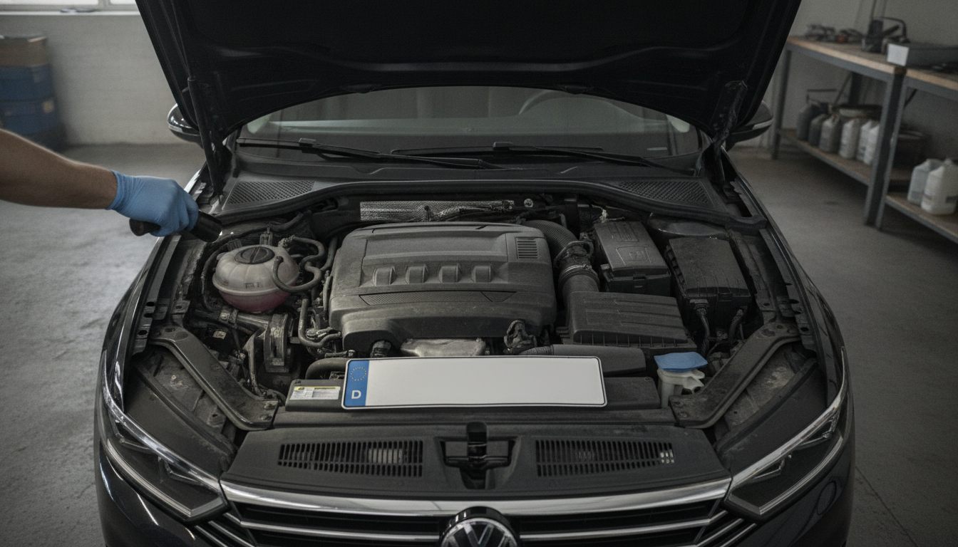 Motorraum eines VW Passat B8 mit 2.0 TDI, Prüfung mit Taschenlampe