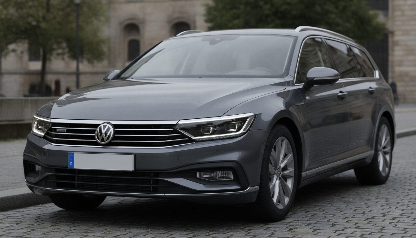 VW Passat B9 Variant in Grau, Dreiviertelansicht von vorn links