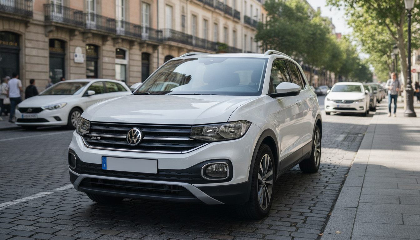 VW T-Cross in Weiß, Dreiviertelansicht in der Stadt