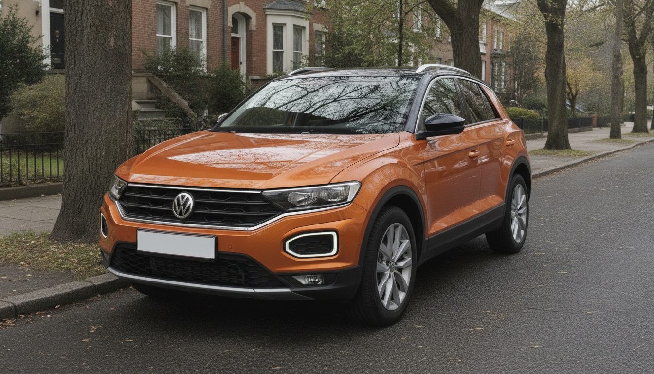 VW T-Roc in Orange mit schwarzem Dach, Dreiviertelansicht