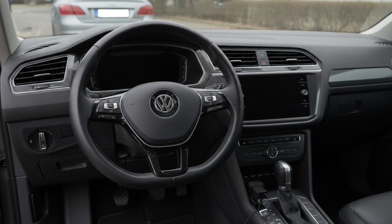 Cockpit des VW Tiguan II, Bildschirm aus, Diagnosestecker angeschlossen