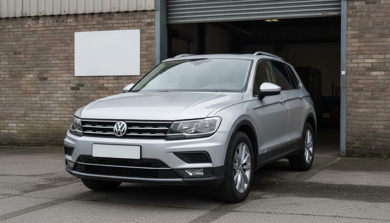VW Tiguan II in Silber vor einer Werkstatt, Dreiviertelansicht